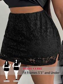 SHEIN PETITE CURVE 大尺碼女款彈性腰花卉蕾絲中長裙 - 黑色 - 查看 1