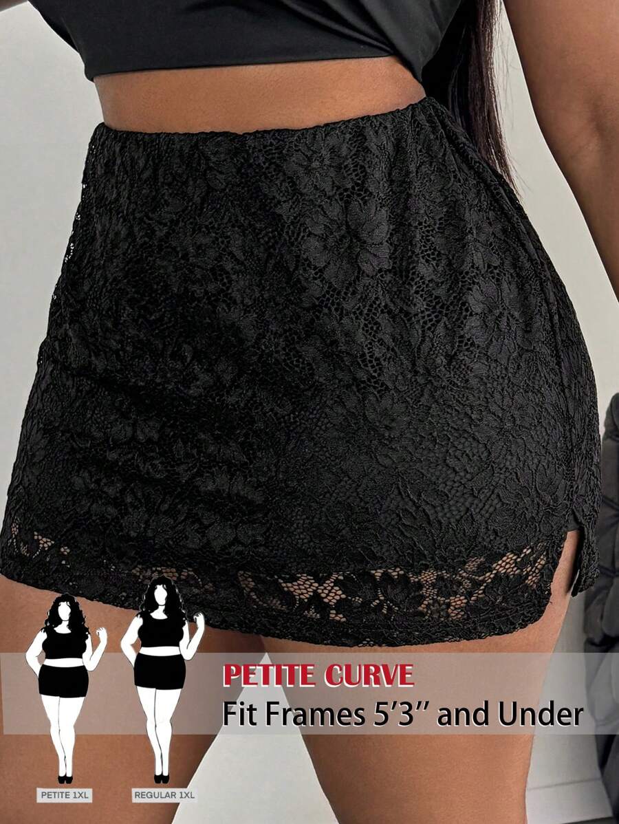 SHEIN PETITE CURVE 大尺碼女款彈性腰花卉蕾絲中長裙 - 黑色 - 查看 1