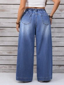 EMERY ROSE 大码水洗高腰阔腿牛仔裤 - 藍色 - 查看 3