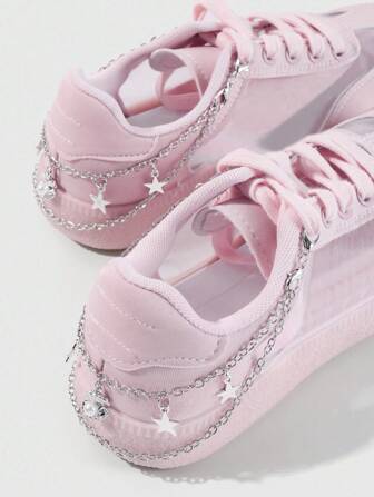 Goth 2 piezas Decoración para cordones de zapatos en estilo minimalista 'Y2K' con cadenas de plata huecas, estrellas y colgante de concha de perla falsa de doble cabeza con cierre de langosta ajustable, adecuado para el atuendo diario y los zapatos de mujeres/niñas, regalo ideal para vacaciones