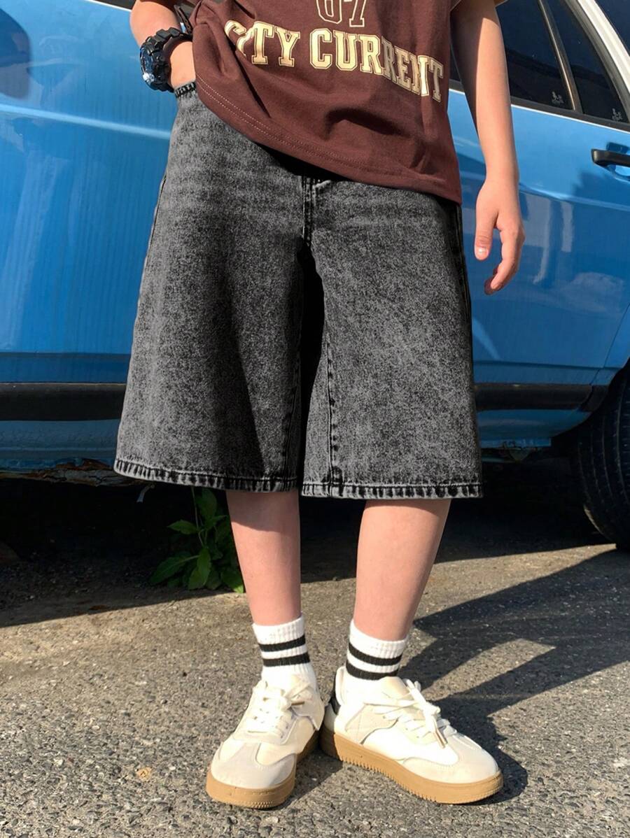 SHEIN Tween Boy Fashion Casual Y2k Light Blue Simple Comfort Base Mix And Match Loose Straight Jean Shorts For Boy Soft Dailywear And Kids Summer And Spring Clothes Boys Streetwear Shorts Boys Denim Shorts - Grey - View 1