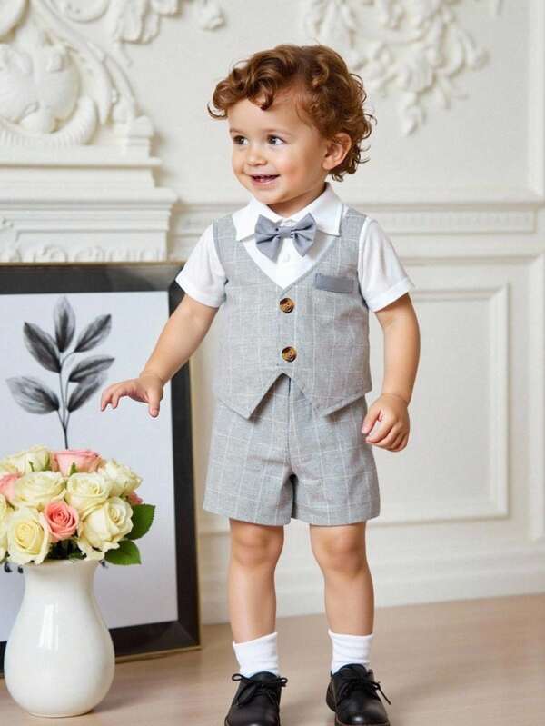 Souflis Souflis 2 Stücke Baby Jungen kariertes Patchwork Set mit Hemd mit Reverskragen und Kurzarmshirt und Shorts