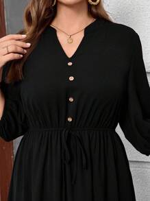 Miaspire 大码V领泡泡袖A字裙，遮盖腹部 - 黑色 - 查看 6