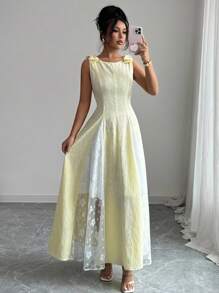 Selianne Women's Buttercream Sleeveless Lemon Yellow Dress With Bow,Elegant Lace Splice White And Yellow,Summer,Elegant,Tea Party Dress For Independence Day - Yellow - View 1