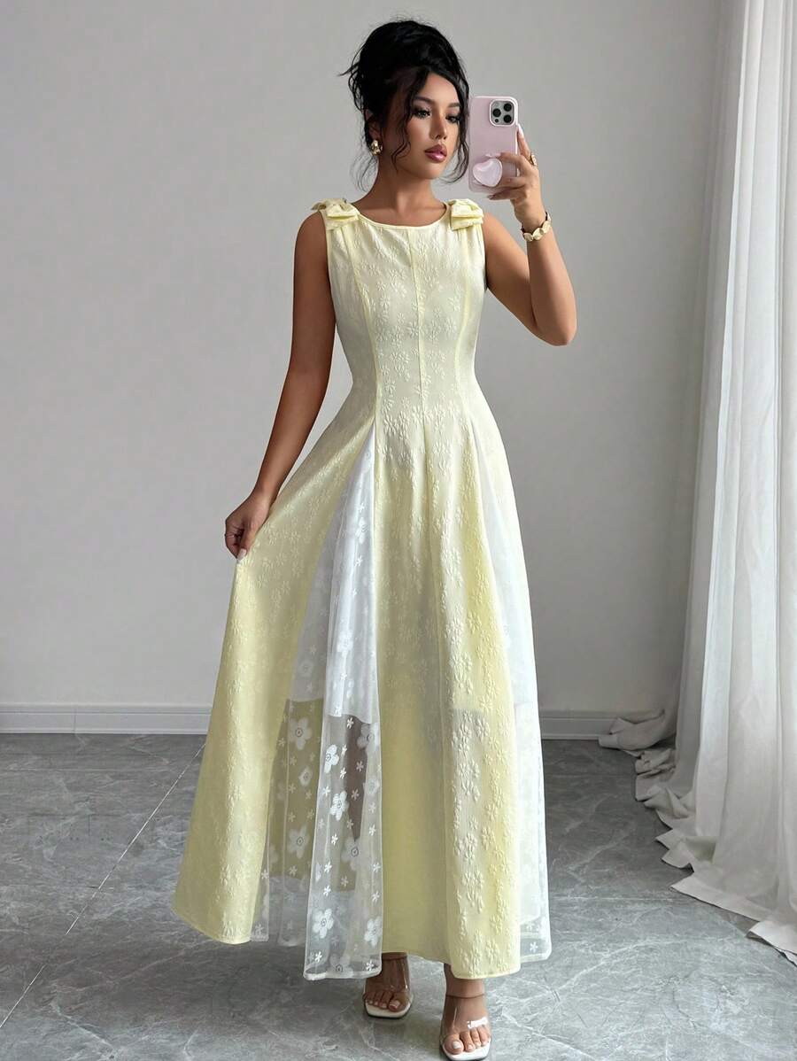 Selianne Women's Buttercream Sleeveless Lemon Yellow Dress With Bow,Elegant Lace Splice White And Yellow,Summer,Elegant,Tea Party Dress For Independence Day - Yellow - View 1