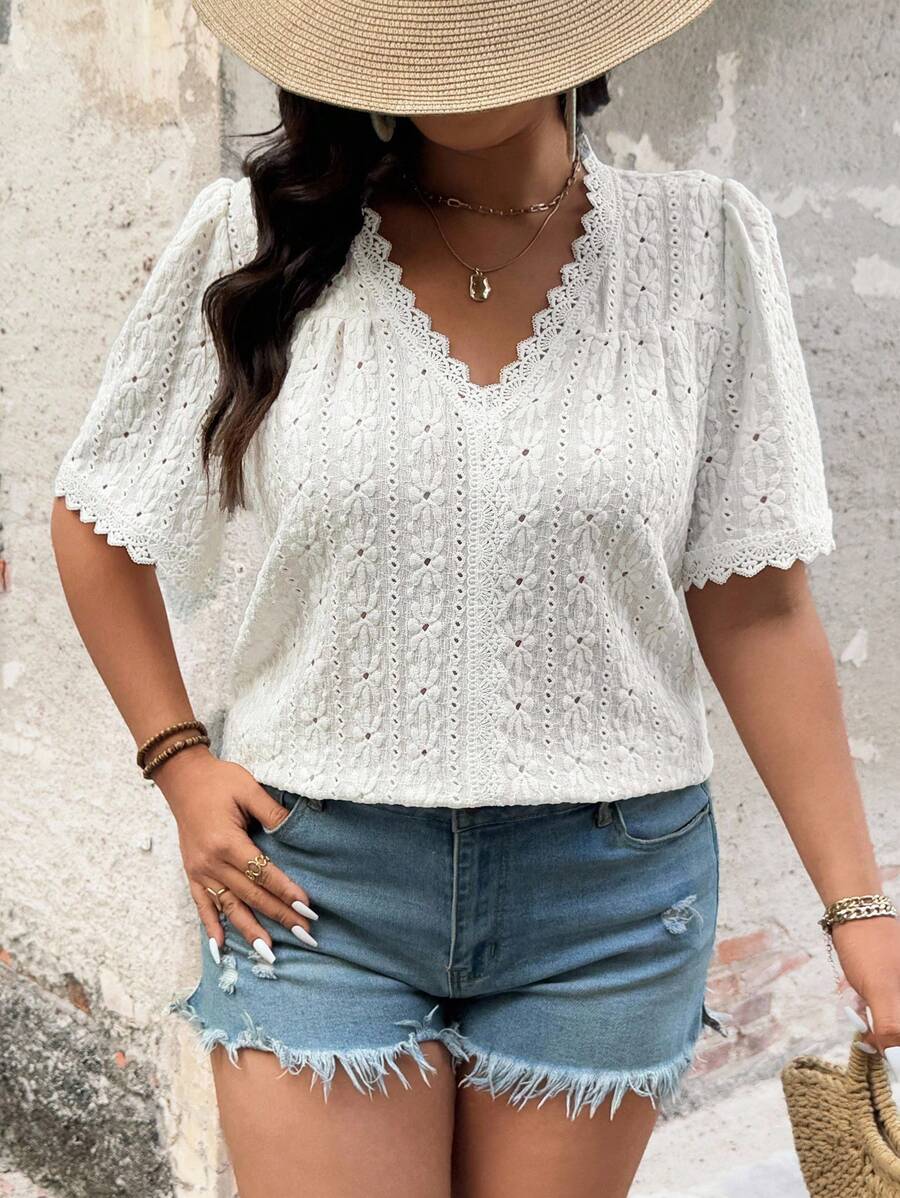 Nubod Camiseta de punto jacquard de manga corta y cuello en V para uso casual de diario, talla grande, verano