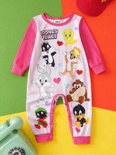 LOONEY TUNES X SHEIN Baby Girl Cute Animal Pattern Sweet Colorful Long Sleeve Jumpsuit Fall Winter