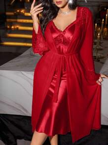 SHEIN 2pcs Plus Size French Elegant Lace Patchwork Robe & Nightgown Set Red Night Gown - Burgundy - View 5