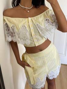 SHEIN EZwear Spitze Patchwork Kontrastfarben Knopfleiste Carmen-Ausschnitt Kurzarm Top - Gelb - Übersicht 5