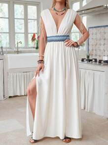 LanaWest Women's Casual Sleeveless Drawstring Ruched Deep V Sexy Backless Colorblock High Slit Dress - Apricot - View 3