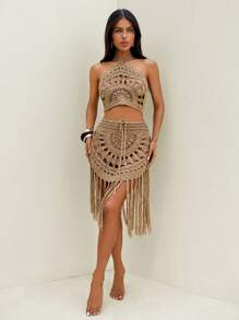 Bonvoyette Bộ áo yếm họa tiết hoa hướng dương cong và váy che phủ tua rua móc cho nữ - Màu be - Xem 4