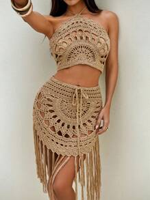 Bonvoyette Bộ áo yếm họa tiết hoa hướng dương cong và váy che phủ tua rua móc cho nữ - Màu be - Xem 5