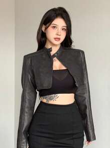 DAZY Women Solid Color Long Sleeve Zip-Up PU Jacket Short Coat,Fall Clothes Leather Jacket - Dark Grey - View 5