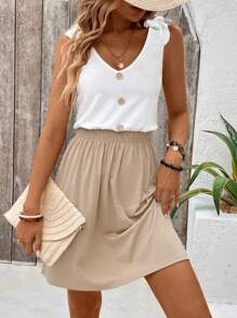 SHEIN LUNE Summer Casual Color Blocking Button Decor Waist Tie Wrap Dress - Multicolor - View 7