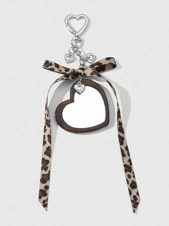 Grunge Punk 1pc Y2K Retro Chic Personalized Fashion Simple Elegant Brown Leopard Print Ribbon Bow Acrylic Glass Heart DIY Keychain Bag Pendant, Suitable For Girls/Women Daily Wear, Holiday Gift