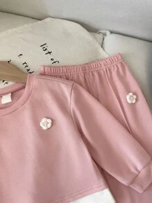 LMoss Kids LMoss 2 Pieces Set Baby Girls Knit Color Block Sweatshirt & Pants,Cute Pink Flower Long Sleeve Tops & Bottoms Autumn Family Matching Girl Clothes Sets - Pink - View 6