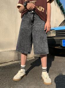 SHEIN Tween Boy Fashion Casual Y2k Light Blue Simple Comfort Base Mix And Match Loose Straight Jean Shorts For Boy Soft Dailywear And Kids Summer And Spring Clothes Boys Streetwear Shorts Boys Denim Shorts - Grey - View 5