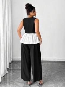 SHEIN Elenzya Bộ 2 món cho nữ cỡ lớn: Áo cánh không tay màu tương phản và quần ống rộng rộng rãi - Nhiều màu - Xem 2