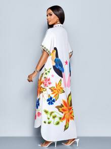 SOLERSUN Women's Elegant Hot Selling Fashion Autumn Tropical Floral Print Design Casual/Commuter Ladies Batwing Sleeve Blouse With Front Buttons, A-Line Loose High-Low Hem Blouse - White - View 2