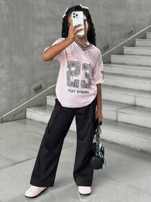 SHEIN Lässiges Street-Fashion-Sweatshirt für Tween-Mädchen mit Leopardenmuster und Buchstabenmuster und passendem, lässigem Hosenset, passende Outfits für Mama und mich (2 Teile separat erhältlich)