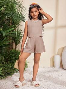 SHEIN Ensemble de Top court à col rond sans manches avec nœud papillon dans le dos et short, texture tissée, pour préadolescentes, pour vacances - Nude - Voir 3
