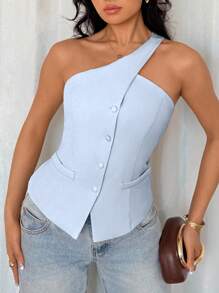 Glamine 女士杏色无袖休闲时尚百搭西装外套，夏季 - 藍色 - 查看 5