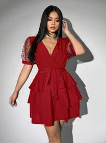 Viva Relle 大码女式时尚优雅V领系带多层连衣裙 - 紅色 - 查看 1