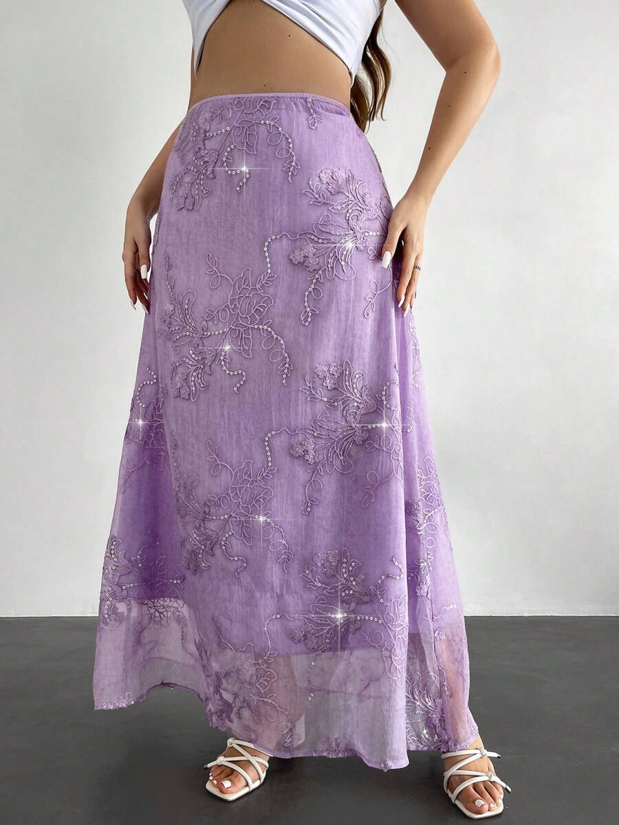 Firerie Váy lưới thêu hoa thanh lịch cỡ lớn, mùa hè - Màu tím - Xem 1