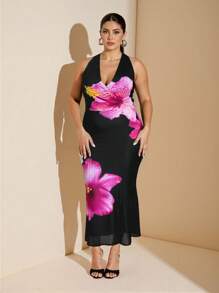 SHEIN BAE Plus Size Women's Summer Elegant Resort Date Floral Printed Stretch Mesh Halter Neck Dress,Birthday Dresses For Women,Back To School Girls Clothes,Girls Summer Outfits,Fall Clothes,School Clothes,Halloween,Winter,Y2k Clothes ,Vintage,Vacation Outfits Woman,Plus Size Women Clothes,Summer Dresses For Women,Wedding Guest Dress Women - Pink - View 1