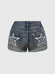 ROMWE Grunge Punk Y2K Aesthetic Star Embroidered Open Back Denim Shorts - Multicolor - View 1