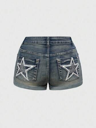 Grunge Punk Short en jean à dos ouvert avec broderie d'étoiles, esthétique Y2K