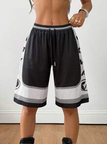 Coolane Quần short thể thao lưới thoáng khí cho nữ mùa hè, quần short bóng rổ, đồ họa lễ hội rave thể thao ngày thi đấu - Đen và trắng - Xem 3