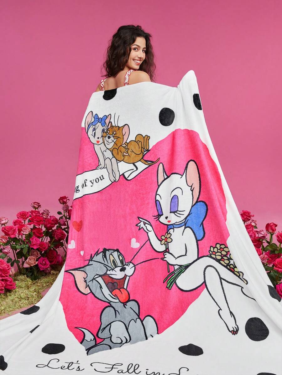 TOM & JERRY X SHEIN Valentine's Day Print Flannel Blanket - Multicolor - View 1