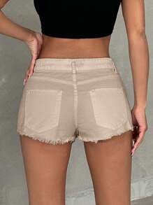 EURMUSE 100%Cotton Solid Color Frayed Hem Denim Shorts - Apricot - View 2