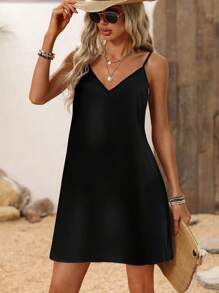 EMERY ROSE 1pc Plus Size Women's Casual Solid Color Spaghetti Strap Dress, Suitable For Beach Vacation In Summer Black Summer Dress Black Dress Summer Black Dresses For Women Summer Suitable For Going Out Chic Dress,Spring - Multicolor - View 1