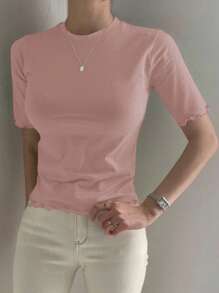 DAZY Camiseta ajustada de unicolor para mujer con detalles de volantes para el verano