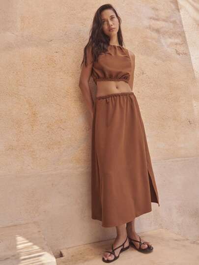 Nöista A-Line Silhouette Smooth-Textured Midi Skirt With Elastic Waistband And Side Slit; Lightweight Breathable Fabric; Perfect Beach For Women And Airport For Women; Versatile Summer Essential.