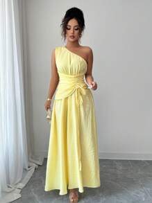 Rafferiza 女式简约纯色褶皱收腰连衣裙，夏季 - 黃色 - 查看 6