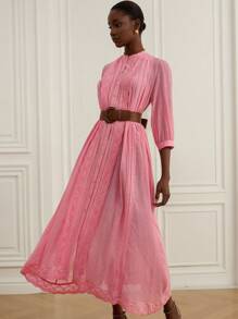 BELROSIE Elegant Soft Pink Long Dress For Women,Autumn Lace Trim Decor Open-Front 3/4 Lantern Sleeve,Lightweight Luxury & Chic Brunch Beach Holiday Style - Watermelon Pink - View 2