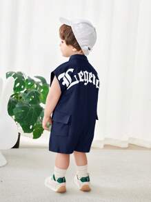 SHEIN Conjunto de pelele y pantalón corto de punto suave con estampado de letra lindo para bebé niño/niña