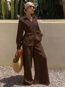 Livesso بدلة كاجوال للنساء مكونة من قميص مطوي باللون الأحادي وبنطال واسع الساق لموسم الصيف - قهوة بني - مشاهدة 5