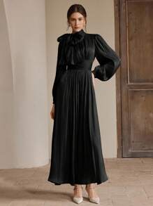 Anewsta Women's Long Dress With Waist Pleats, Shiny And Elegant, Versatile For Spring And Autumn