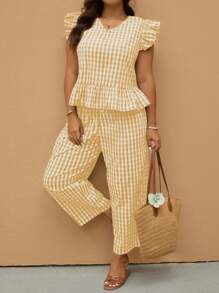 Elaquor 2pcs Plus Size Women's Checkerboard Cap Sleeve Summer Ruffle Hem Top And Pants Set - Yellow - View 2