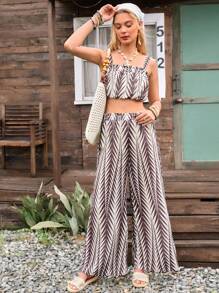 LanaWest 2pcs/Set Women Holiday All Over Print Sleeveless Camisole And Wide Leg Pants, Random Floral Pattern - Brown - View 7