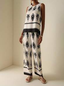Vesra 2-Pc Set: Sleeveless Printed Top & Elastic Waist Loose Pants, Summer Fashion Boho Two Piece Set - Multicolor - View 4