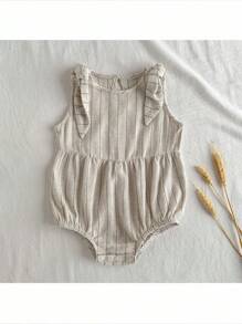Loomiva Baby Girl Solid Color Round Neck Sleeveless Bodysuit With Bow Decor Baby Bodysuit Baby Summer Bodysuit Striped Baby Bodysuit Linen Baby Bodysuit - Apricot - View 4