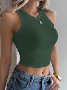 DAZY 女式修身休闲无袖短款背心，圆领，纯色，夏季 - 墨綠色 - 查看 3