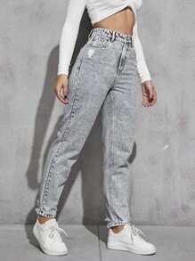 EURMUSE Women's Light Wash Ripped Tapered Casual Denim Jeans - Light Grey - View 5