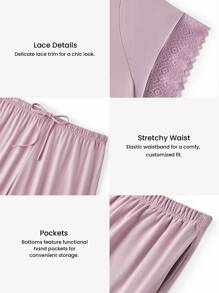LUVLETTE Bộ đồ ngủ mùa hè cho nữ, chất liệu 100% cotton nguyên chất, thoáng khí, màu hồng tím nhạt, phối ren thanh lịch, kiểu dáng rừng sương, gồm áo ngắn tay cài cúc và quần dài, kiểu dáng thoải mái, thoáng mát, có túi, thích hợp cho không gian sống lãng mạn và ấm cúng tại nhà. - Màu tím - Xem 4