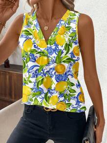 SHEIN Clasi Casual Vacation Style Orange Lemon All Over Print Pattern Women's Tank Top, Suitable For Summer Vacation Lemon Print Top Summer Tops Women Yellow Top Women Women Sleeveless Top Tops Women Summer Suitable For Going Out - Multicolor - View 3